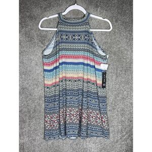 As U Wish Halter Mini Dress Womens Juniors Sz LG Blue Floral Striped Stretch New